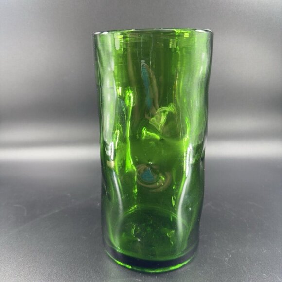 1970s Hand Blown Emerald Green Tall Cylinder Glass Vase Dimple Hand Made Vintage - Picture 12 of 14